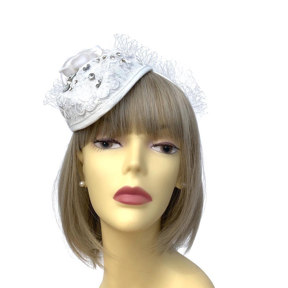 White Embroidery &amp; Ivory Rose Vintage Bridal Fascinator Hat With Veil-Fascinators Direct