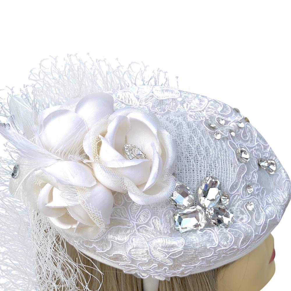 White Embroidery &amp; Ivory Rose Vintage Bridal Fascinator Hat With Veil-Fascinators Direct