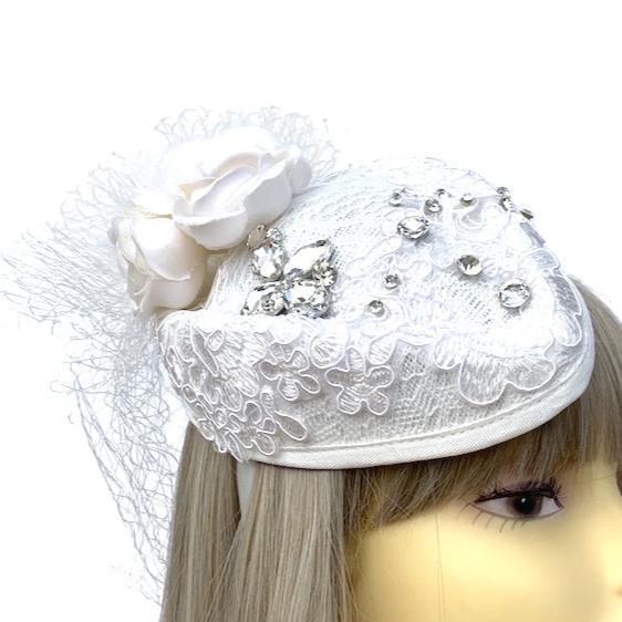 White Embroidery &amp; Ivory Rose Vintage Bridal Fascinator Hat With Veil-Fascinators Direct