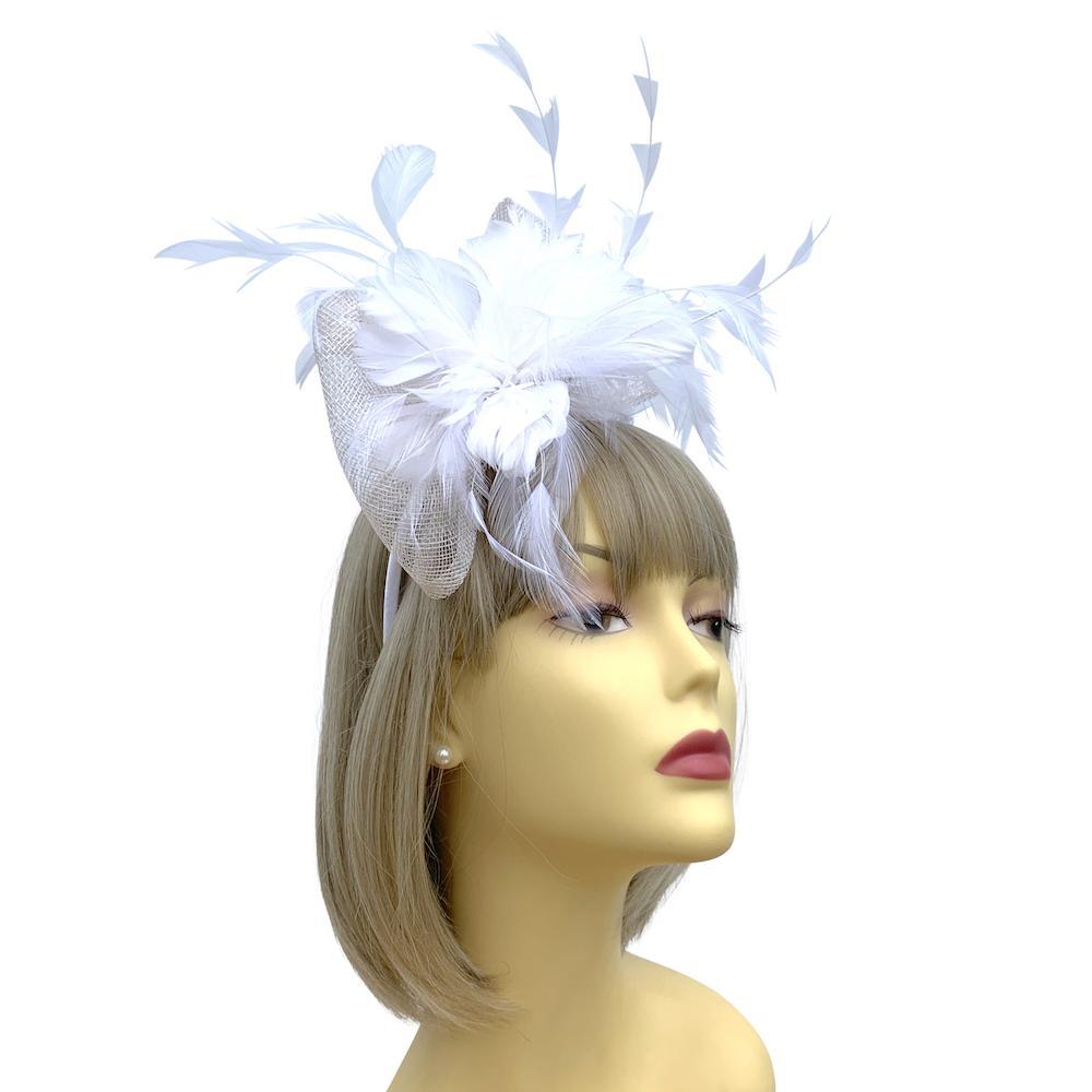 White Fascinator Hair Band with Bow & Feathers-Fascinators Direct