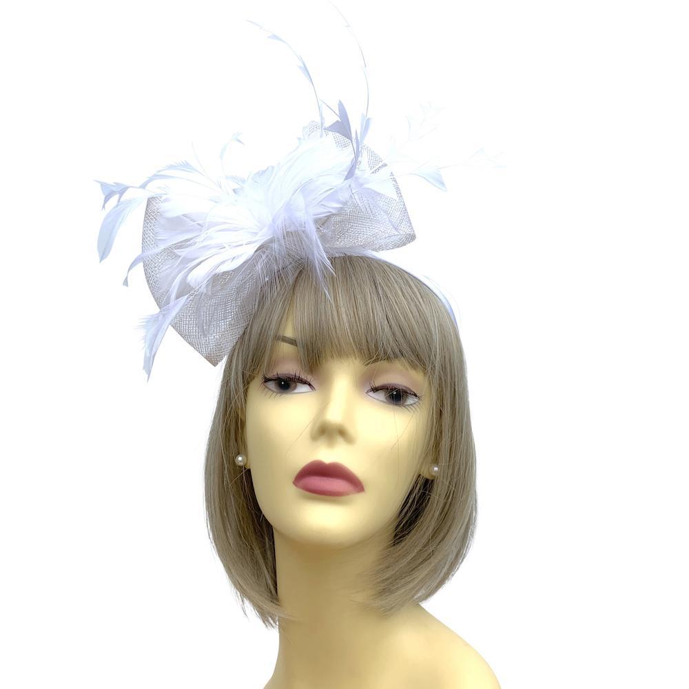 White Fascinator Hair Band with Bow &amp; Feathers-Fascinators Direct