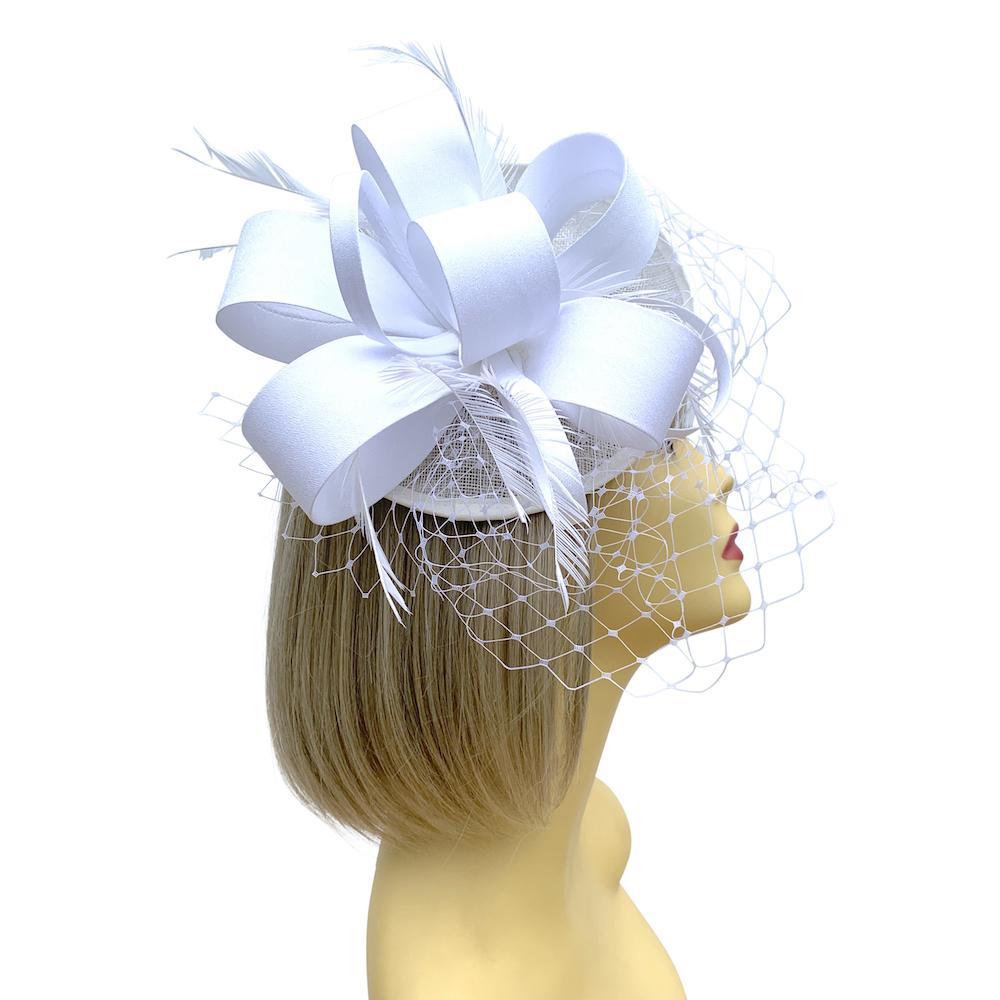 White Fascinator on Sinamay Disc with Satin Loops-Fascinators Direct