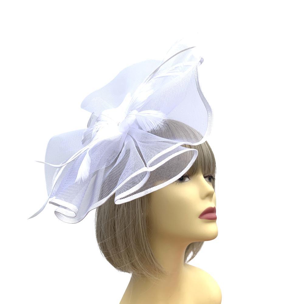 White Large Fascinator with Ruched Crinoline & Flower-Fascinators Direct