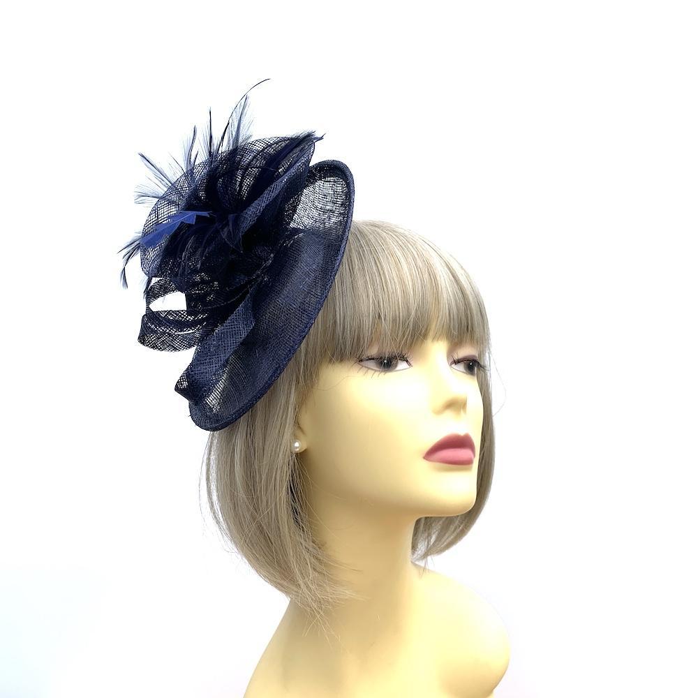Wispy Feather & Twisted Sinamay Navy Disc Fascinator-Fascinators Direct