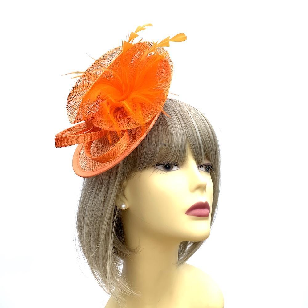 Wispy Feather & Twisted Sinamay Orange Disc Fascinator-Fascinators Direct